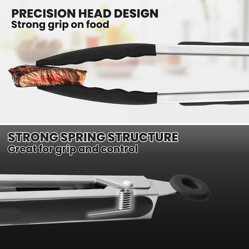 9-Inch Kitchen Tongs for Cooking with Silicone Tip, Black - 600F Heat-Resistant, Stainless Steel Locking Cooking Tongs Food Tongs for BBQ/Cooking/Salad/Serving Food, Heavy Duty, Non-Stick
