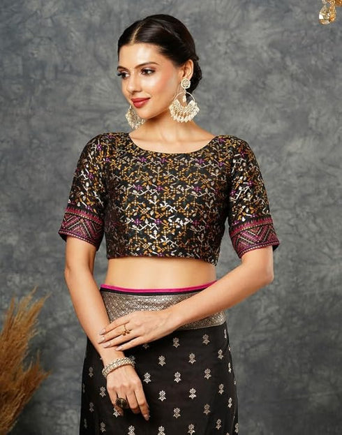 Vasthrlay Banarasi Jacquard Unstitched Black Saree