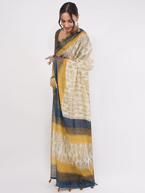 Vasthrlay Beige Daisy Floral Prints Linen Saree With Zari Border And Unstitched Blouse Piece