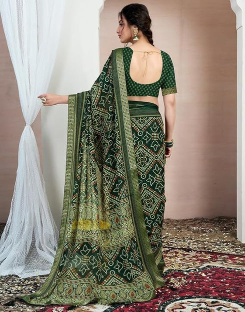 Vasthrlay Chiffon Bandhani Dark Green1 Saree With Unstitched Blouse Piece