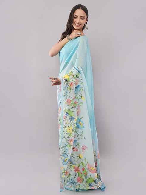 Vasthrlay Printed Blue Linen Saree With Unstitched Blouse Piece