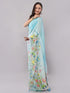 Vasthrlay Blue Printed Linen Saree With Unstitched Blouse Piece