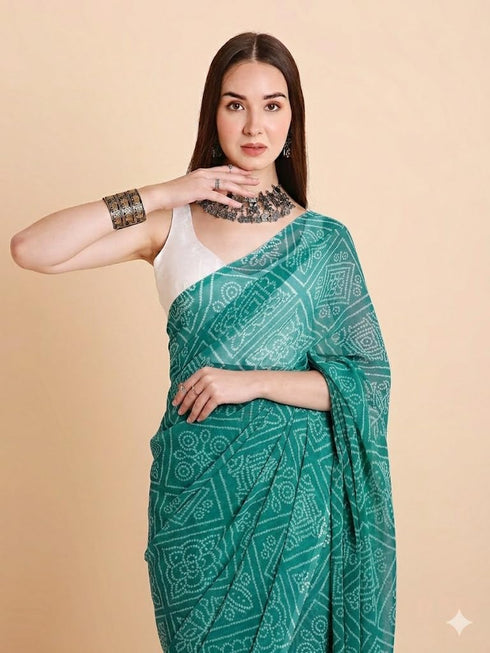 Vasthrlay Chiffon Bandhani Printed Teal Saree