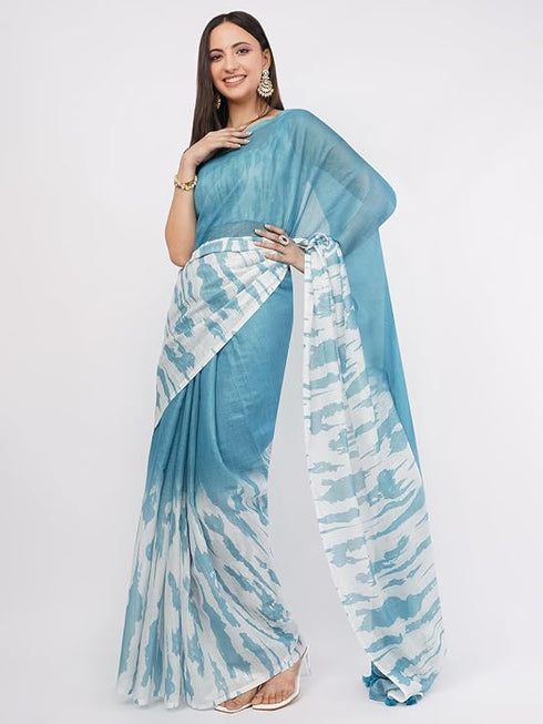Vasthrlay Sky Blue Linen Floral | Striped | Check Design Printed Saree With Solid Unstitched Linen Blouse Piece