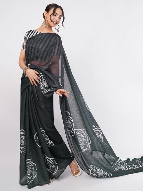 Vasthrlay Black1 Womens Printed Linen Saree With Unstitched Blouse Piece