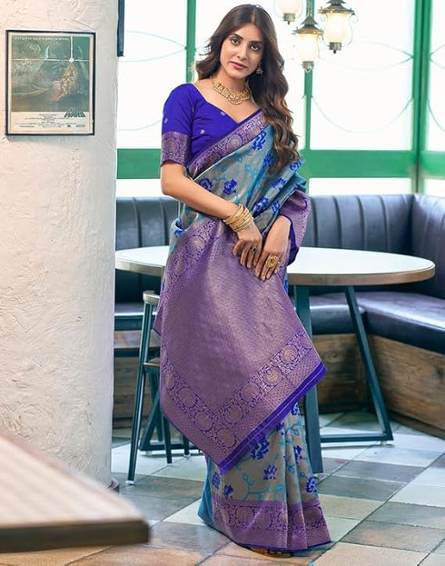 Vasthrlay Banarasi Kanjivaram Unstitched Beige Saree