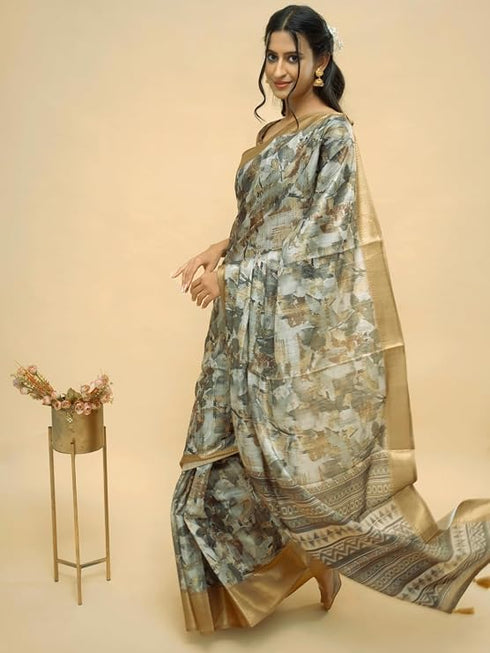 Vasthrlay Grey Brown Abstract Print Polyester Saree With Antique Zari Border And Unstitched Blouse Piece