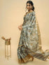 Vasthrlay Grey Brown Abstract Print Polyester Saree With Antique Zari Border And Unstitched Blouse Piece