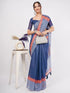 Vasthrlay Blue Womens Printed Linen Saree With Unstitched Blouse Piece