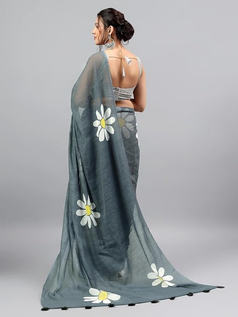 Vasthrlay Grey Linen Floral Printed Saree With Solid Unstitched Linen Blouse Piece