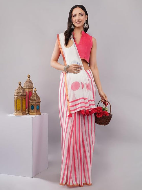 Vasthrlay Pink Women'S Blue And White Chevron Printed Linen Saree With Unstitched Blouse