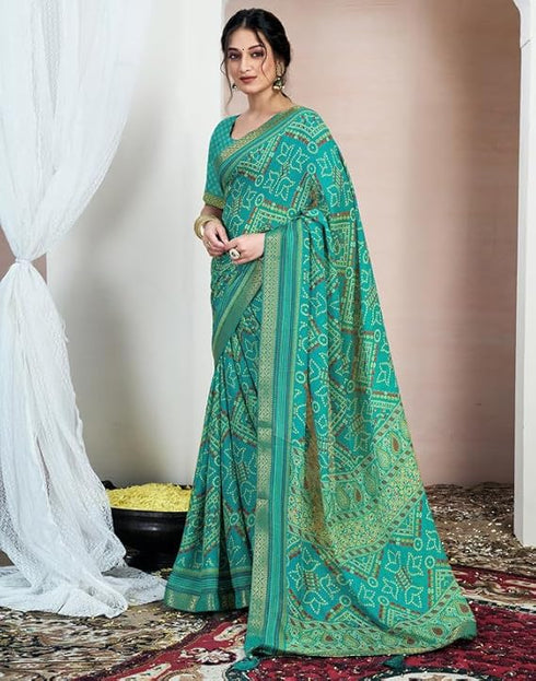 Vasthrlay Chiffon Bandhani Unstitched Yellow Saree