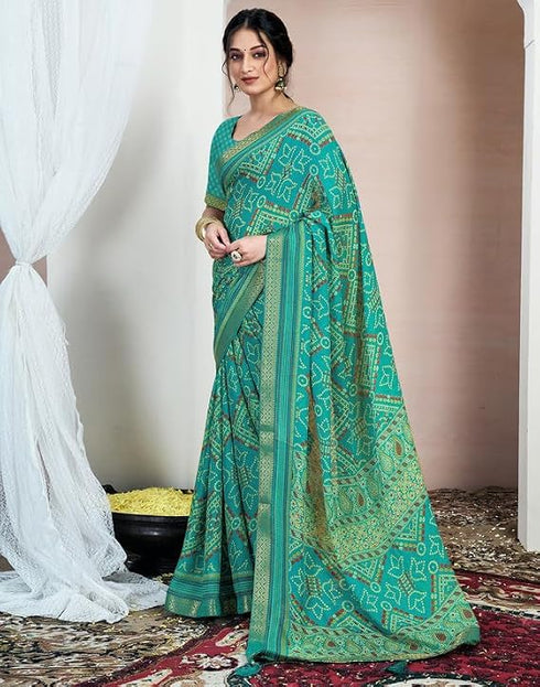 Vasthrlay Chiffon Bandhani Teal Green Saree With Unstitched Blouse Piece