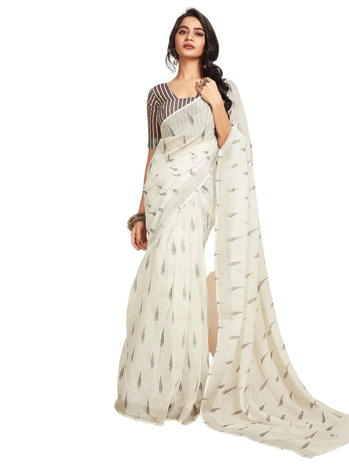 Vasthrlay Womens Printed Unstitched White Saree