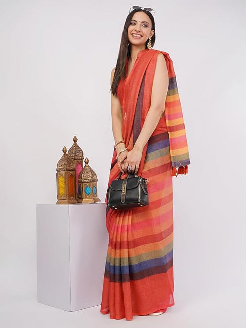 Vasthrlay Multicolour Kathakali Print Linen Saree With Gold Zari Border And Unstitched Blouse Piece