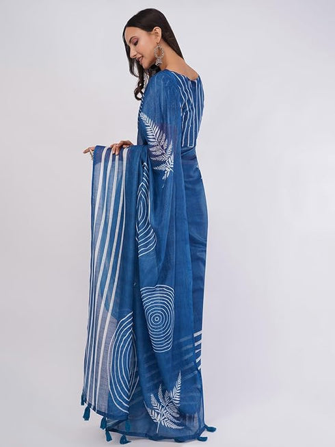 Vasthrlay Blue2 Linen Floral| Striped| Check Design Printed Saree With Solid Unstitched Linen Blouse Piece