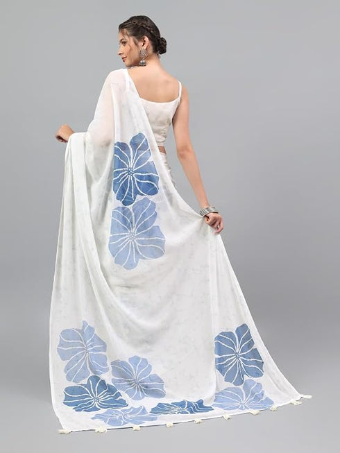 Vasthrlay White Floral Printed Georgette Saree With White Solid Georgette Unstitched Blouse