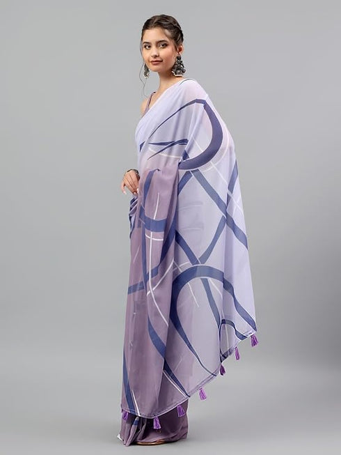 Vasthrlay Blue Floral| Solid| Striped Design Georgette Saree With Unstitched Blouse Piece