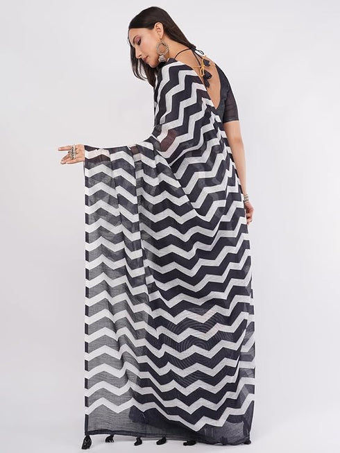 Vasthrlay Black Printed Linen Saree With Unstitched Blouse Piece
