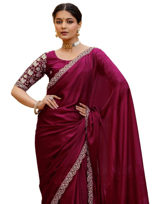Vasthrlay Sequins Embroidery Unstitched Maroon Saree