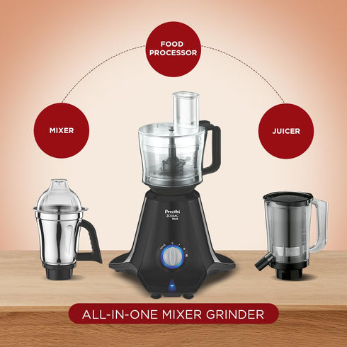 Preethi Zodiac Mixer Grinder, 5 Jars: Food Processor + 3 SS Jars + Juicer, Black