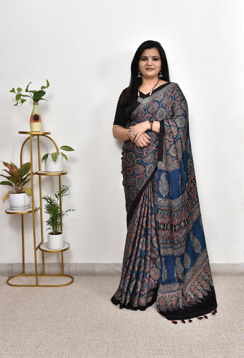 Vasthrlay Ajrakh Saree Crepe