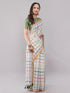 Vasthrlay White Checkered Printed Linen Saree With Green Solid Linen Unstitched Blouse Piece