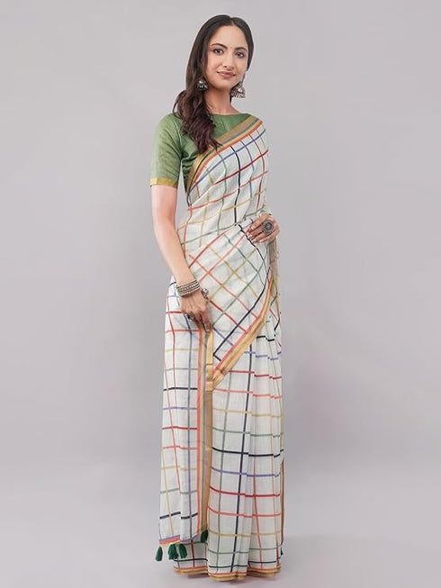 Vasthrlay Womens White Checkered Printed Linen Saree With Green Solid Linen Unstitched Blouse Piece Featuring Multicolor Thin Line Plaid Pattern And Zari Border