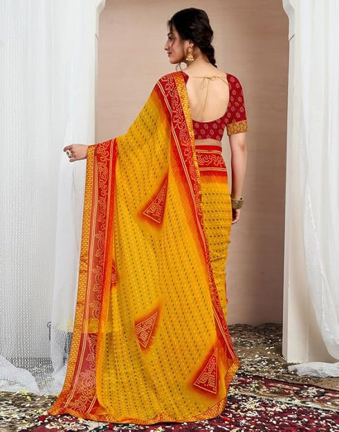 Vasthrlay Chiffon Bandhani Unstitched Yellow Saree