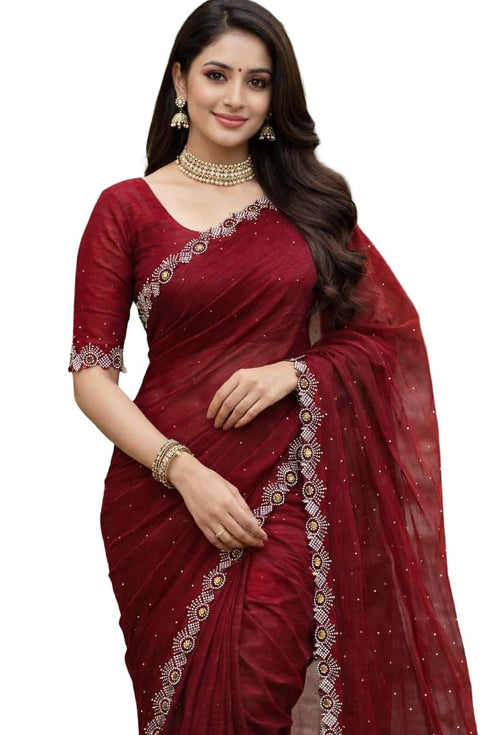 Vasthrlay Women's Maroon Chiffon Saree with Embellished Border | Lightweight Party Designer Saree