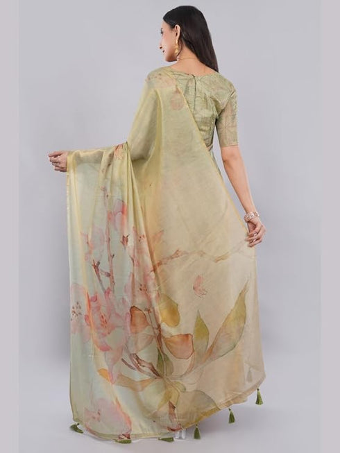 Vasthrlay Green1 Floral And Solid Design Polyester Saree With Unstitched Blouse Piece
