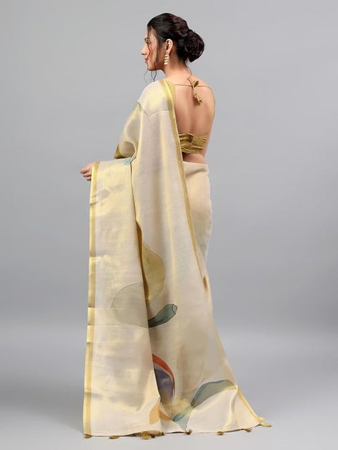 Vasthrlay Beige Heavy Zari Woven Silk Ethnic Saree With Unstitched Blouse
