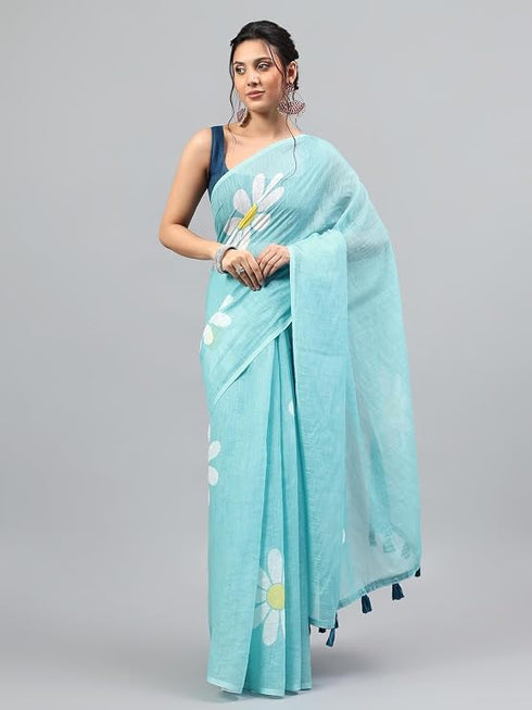 Vasthrlay Light Blue Linen Floral Printed Saree With Solid Unstitched Linen Blouse Piece