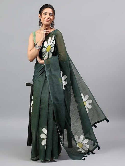 Vasthrlay Dark Green Linen Floral Printed Saree With Solid Unstitched Linen Blouse Piece