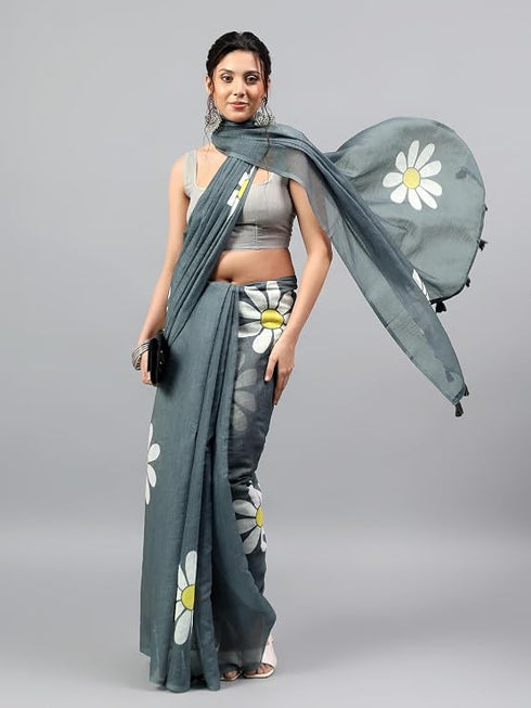 Vasthrlay Grey Linen Floral Printed Saree With Solid Unstitched Linen Blouse Piece