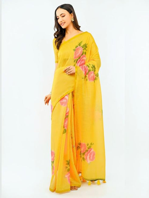 Vasthrlay Womens Yellow1 Daisy Floral Prints Linen Saree With Zari Border And Unstitched Blouse Piece