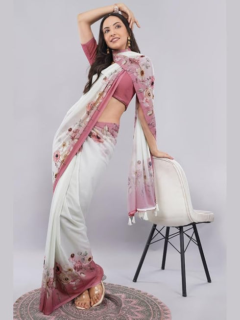Vasthrlay Off White1 Floral Printed Gerogette Saree With Zari Pallu And Unstitched Blouse Piece