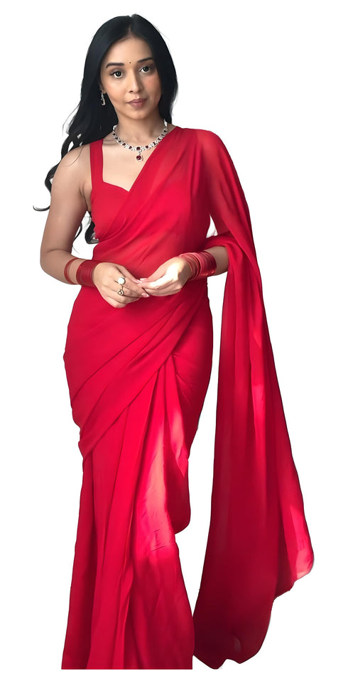 Vasthrlay Red Georgette Unstitched Saree