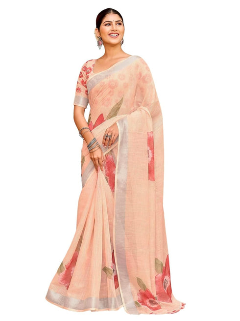 Vasthrlay Womens Printed Light Peach Saree With Unstitched Blouse Piece