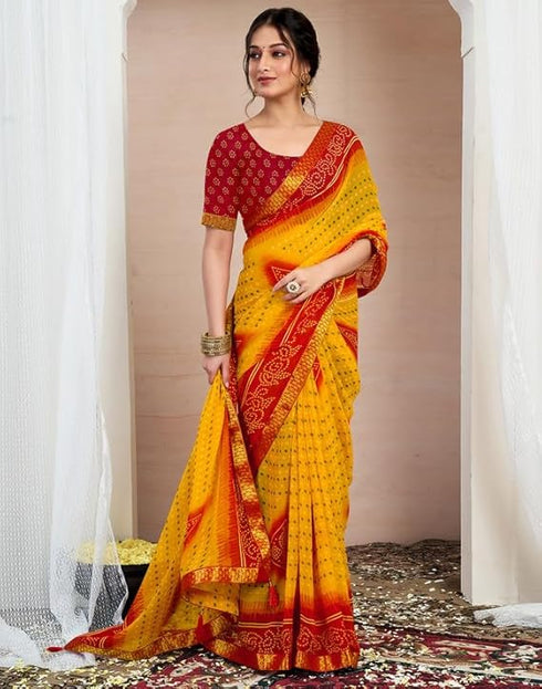 Vasthrlay Chiffon Bandhani Unstitched Yellow Saree