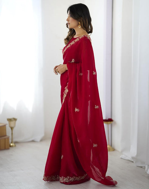 Vasthrlay Scalloped Embroidery Unstitched Rani Pink Saree