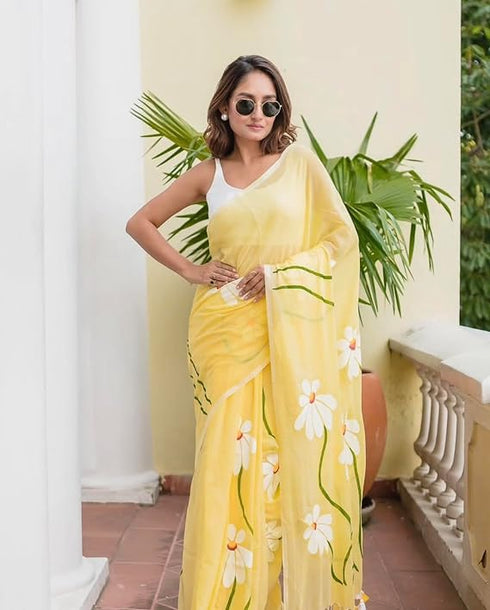 Vasthrlay Linen Cotton saree with digital floral print