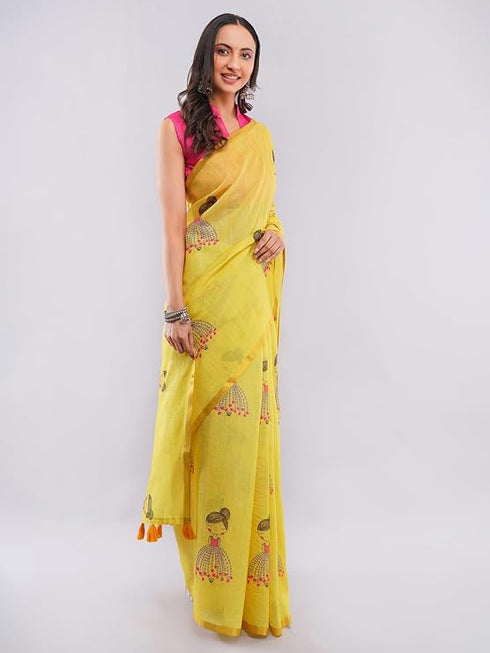 Vasthrlay Yellow Womens Violet Lavender Daisy Floral Prints Linen Saree With Zari Border And Unstitched Blouse Piece