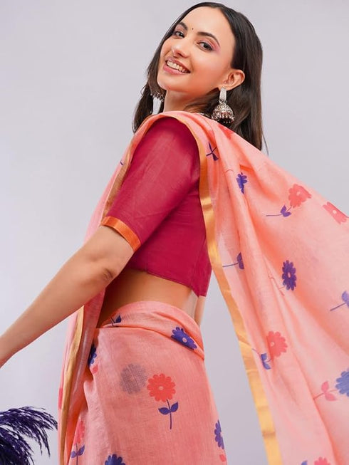 Vasthrlay Womens Peach Daisy Floral Prints Linen Saree With Zari Border And Unstitched Blouse Piece