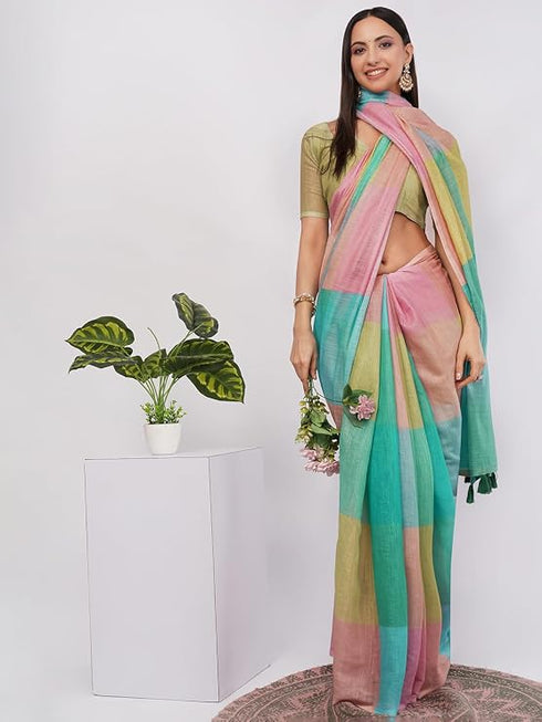 Vasthrlay Multicolor1 Printed Linen Saree With Unstitched Blouse Piece