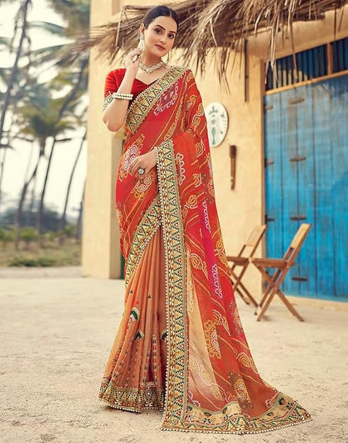 Vasthrlay Georgette Bandhani Printed Orange And Red Saree With Unstitched Blouse Piece