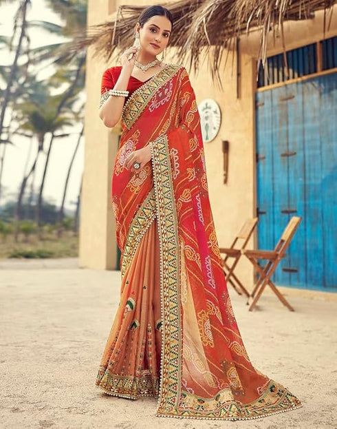 Vasthrlay Bandhani Embroidery Unstitched Red Saree