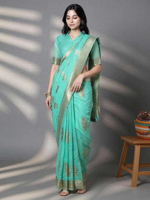 Vasthrlay Turquoise Printed Unstitched Ai Ethnic Wear
