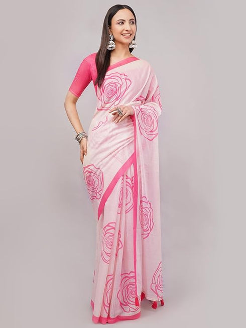 Vasthrlay Pink Womens Printed Linen Saree With Unstitched Blouse Piece
