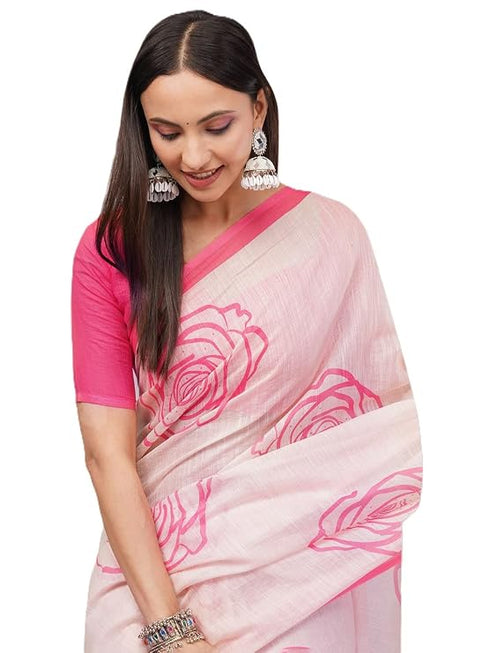 Vasthrlay Pink Printed Linen Saree With Unstitched Blouse Piece